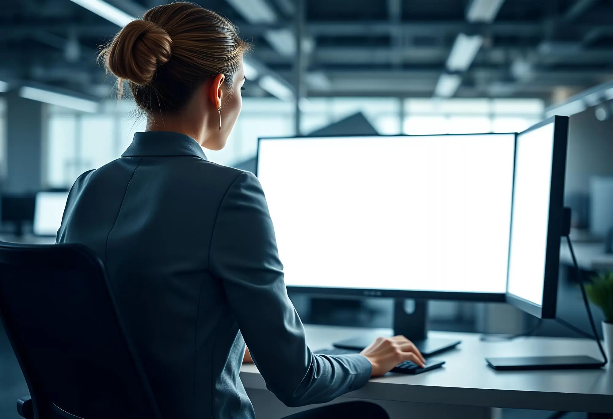 Frau analysiert Daten an einem großen Bildschirm im Büro